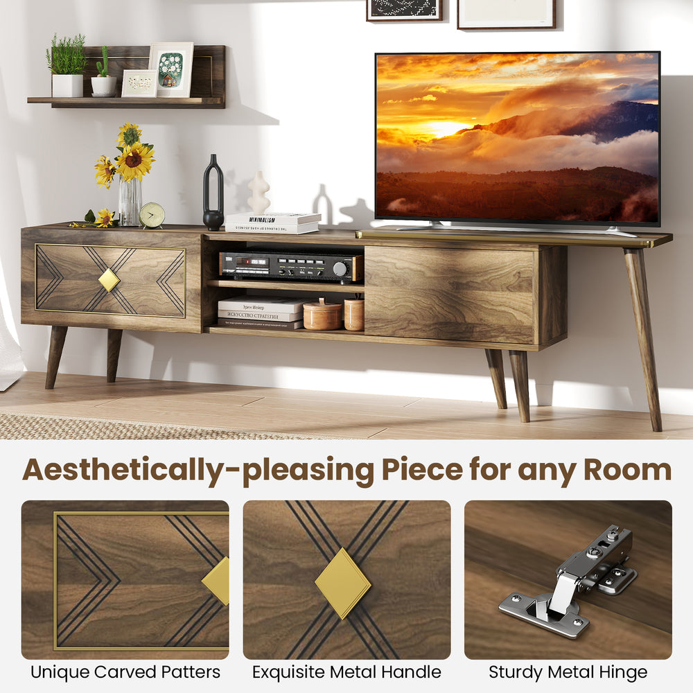 Mid-century modern TV stand in walnut with unique carved patterns, open compartments, and sturdy beech wood legs for.