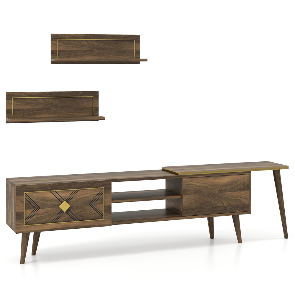 Mid-century modern TV stand in walnut with open compartments and wall-mounted shelves for TVs up to 85 inches.