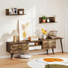 Mid-century modern TV stand in walnut with open compartments and wall-mounted shelves, perfect for TVs up to 85 inches.