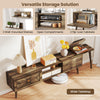Mid-century modern TV stand in walnut with wide tabletop, open compartments, and 2 wall-mounted shelves for versatile.