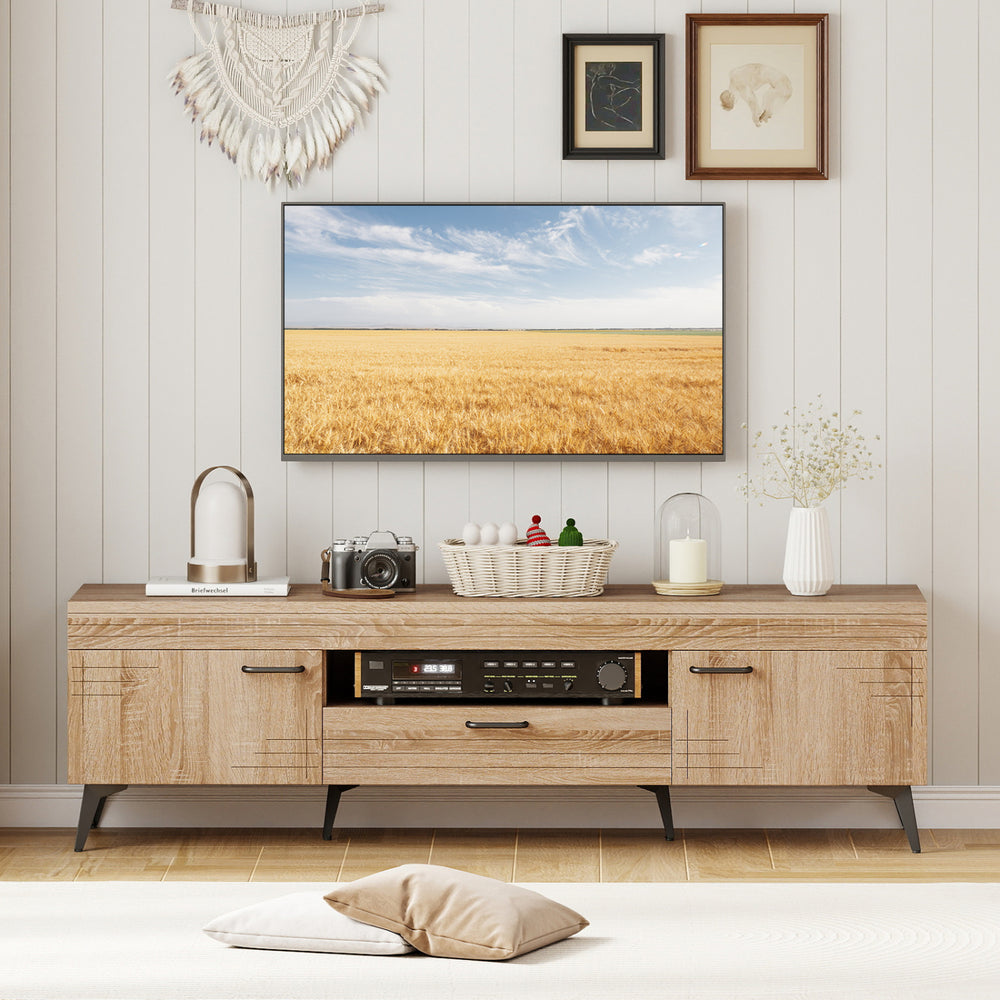 TV stand in oak finish with 2 cabinets and storage drawer, designed for 65-inch TVs, offering ample storage and cable.