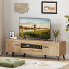 TV stand in oak finish with 2 cabinets and storage drawer, designed for 65-inch TVs, featuring cable management and.