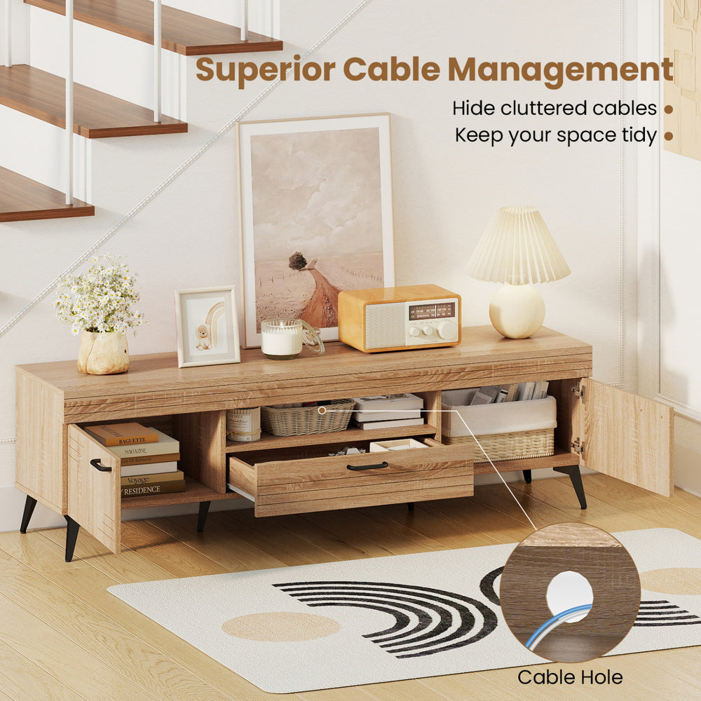 TV stand in oak with 2 cabinets and storage drawer, featuring built-in cable hole for tidy organization and support for.