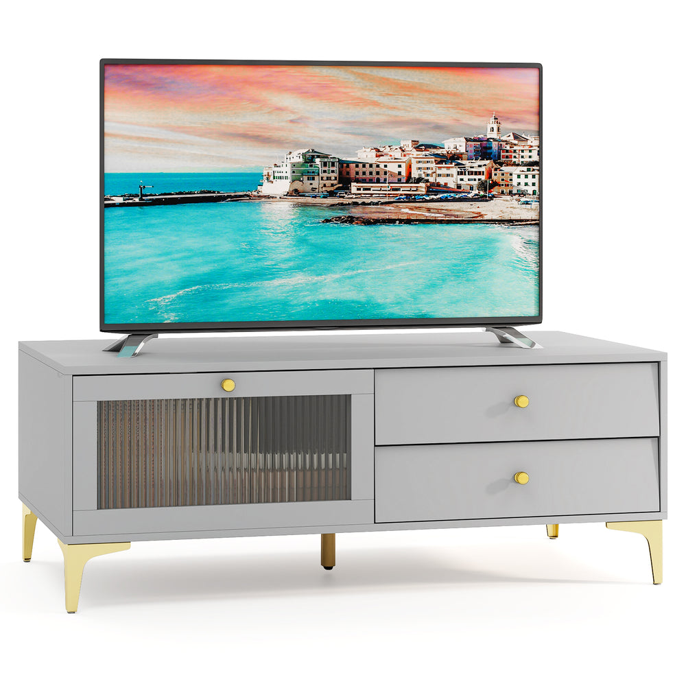Gray TV stand featuring a wide countertop, spacious compartment, and dual drawers, perfect for a 55-inch TV.