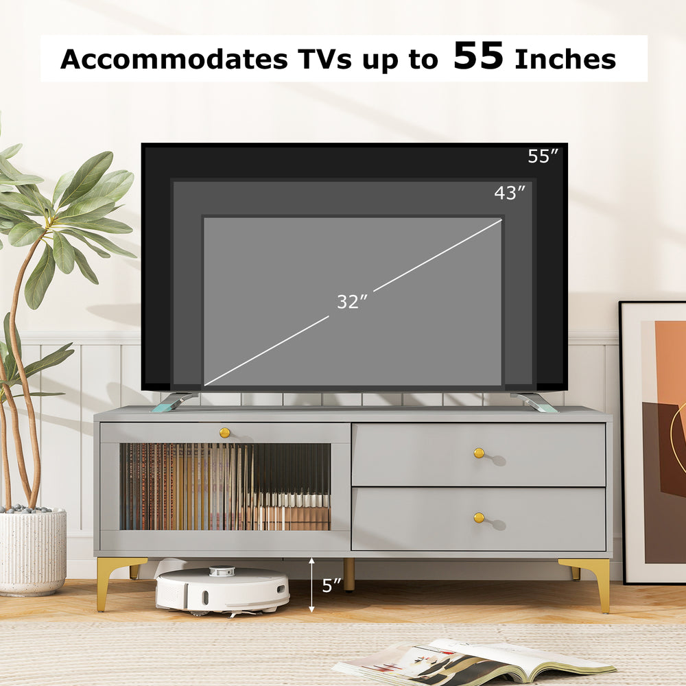 Gray TV stand with compartment and drawers, accommodating TVs up to 55 inches, featuring elegant tempered glass and.