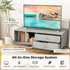 TV stand in gray with wide countertop, dual drawers, and spacious compartment for 55-inch TV and media storage.