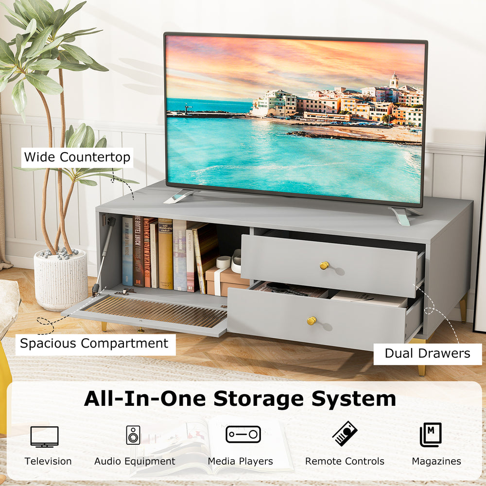 TV stand in gray with wide countertop, dual drawers, and spacious compartment for 55-inch TV and media storage.