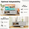 Gray TV stand with compartments and drawers, suitable for 55-inch TVs, ideal for living room or entryway display.