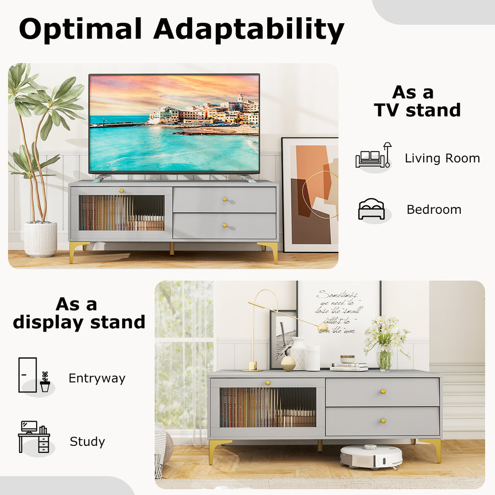 Gray TV stand with compartments and drawers, suitable for 55-inch TVs, ideal for living room or entryway display.
