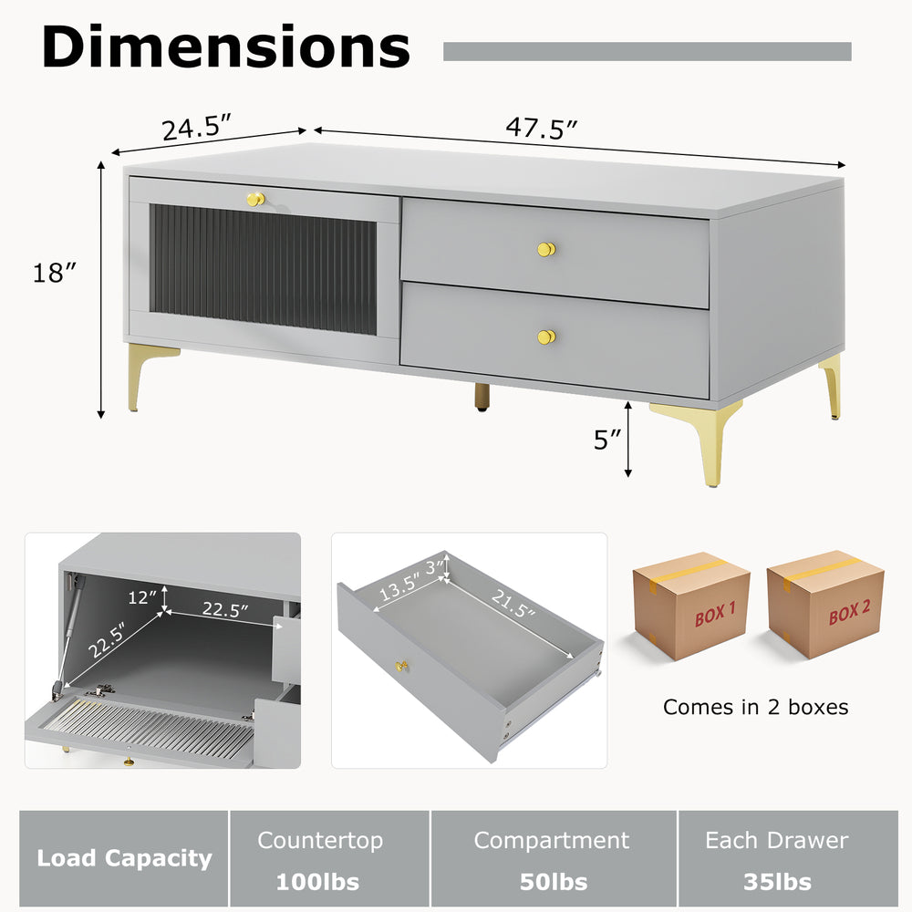Gray TV stand featuring a wide countertop, spacious compartment, and dual drawers for versatile storage solutions.