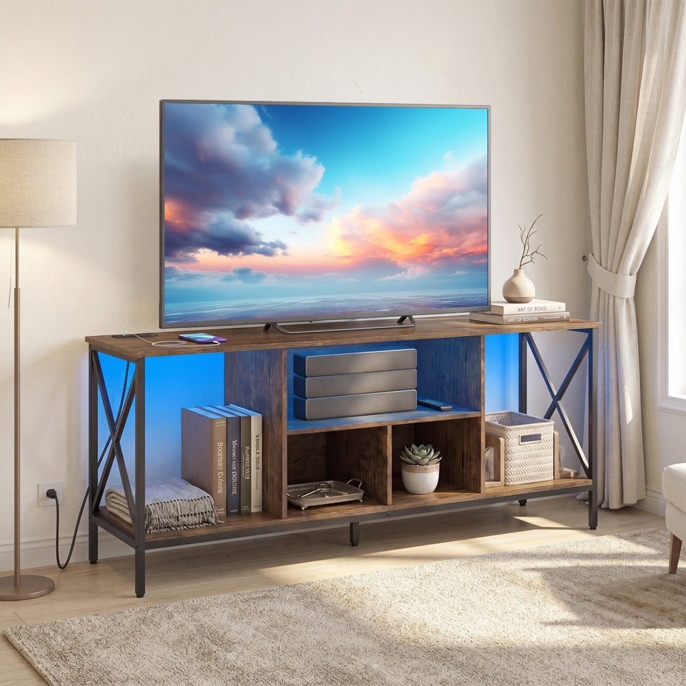 TV stand with LED lights in brown, showcasing a heavy-duty X-shaped metal frame and five open compartments for storage.