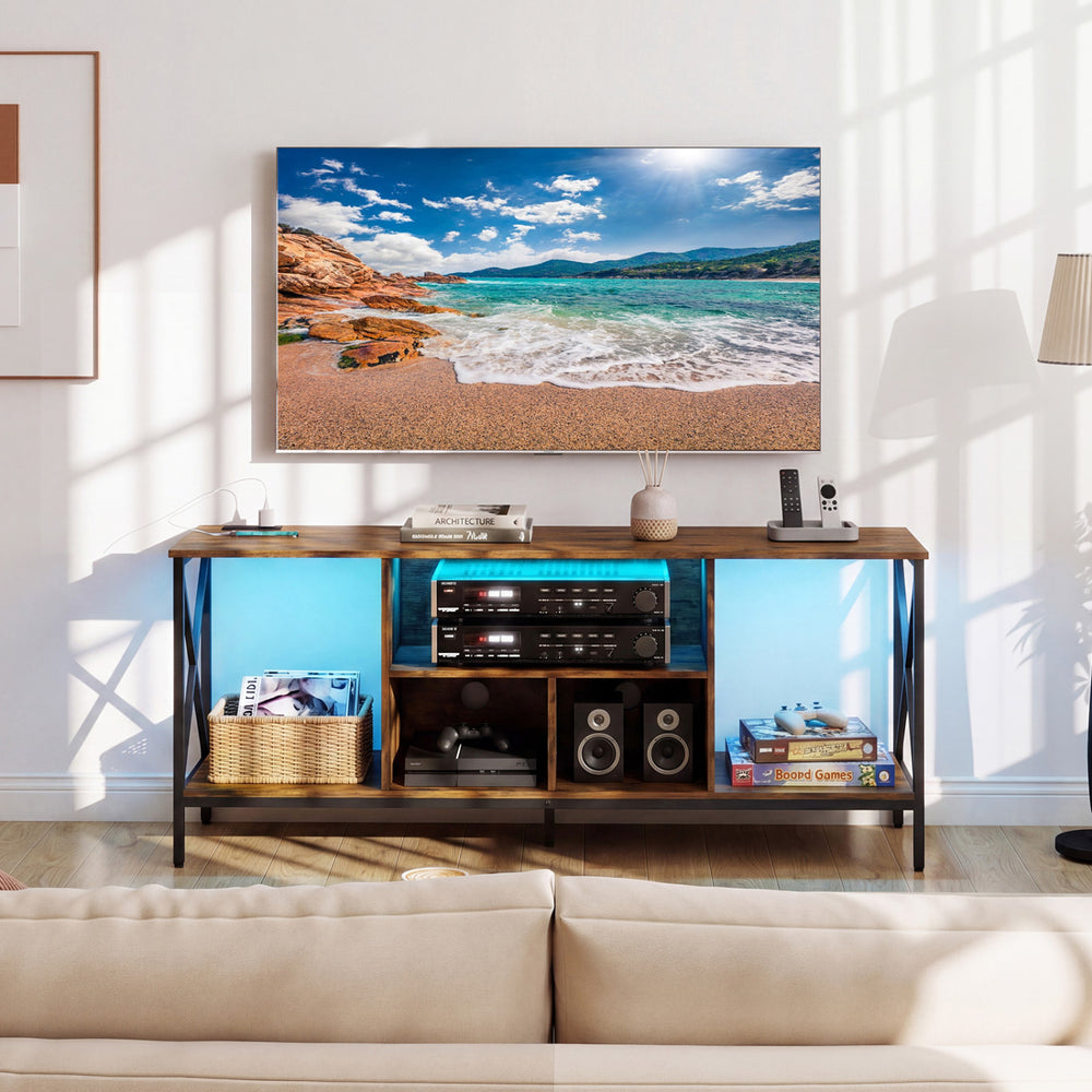 TV stand with LED lights, brown finish, designed for 65-inch TVs, featuring open compartments and a sturdy metal frame.