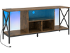 TV stand with LED lights for 65-inch TVs, featuring a brown finish, open compartments, and a sturdy metal frame.