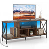 TV stand with LED lights for 65-inch TV, featuring a brown finish, open compartments, and a sturdy metal frame.