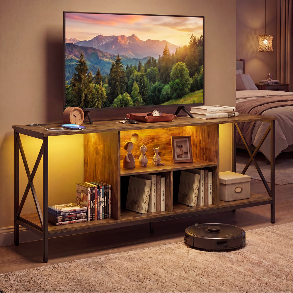 TV stand with LED lights, suitable for 65-inch TVs, featuring open compartments and a heavy-duty metal frame.