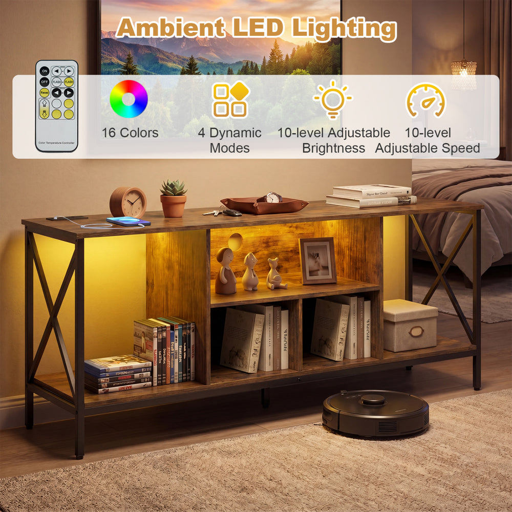 TV stand with LED lights in brown featuring 16 colors, 10-level brightness, and space for a 65-inch TV, ideal for.