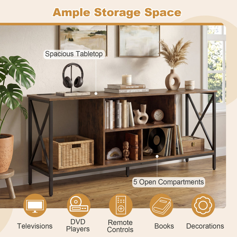 TV stand with spacious tabletop, 5 open compartments, and heavy-duty X-shaped metal frame for 65-inch TVs.