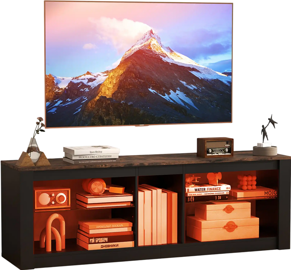 Modern TV stand in brown with LED light, adjustable shelves, and open compartment for TVs up to 65 inches.