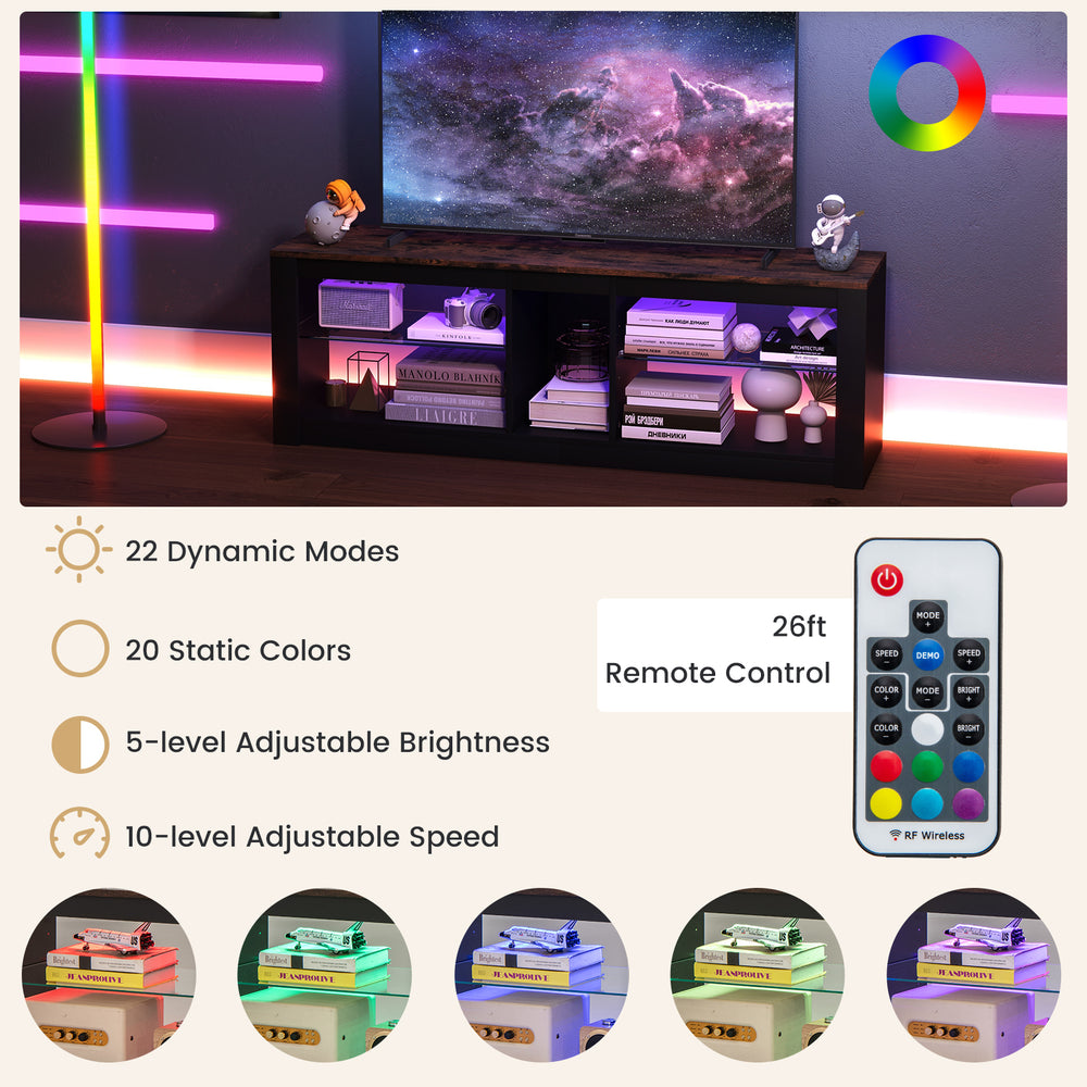 Modern TV stand with LED light, adjustable shelves, and remote control for TVs up to 65 inches, ideal for stylish.