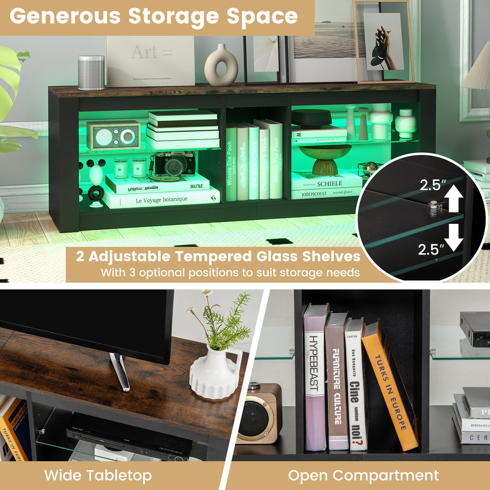 Modern TV stand with LED light, adjustable glass shelves, and open compartment for TVs up to 65 inches, in brown.