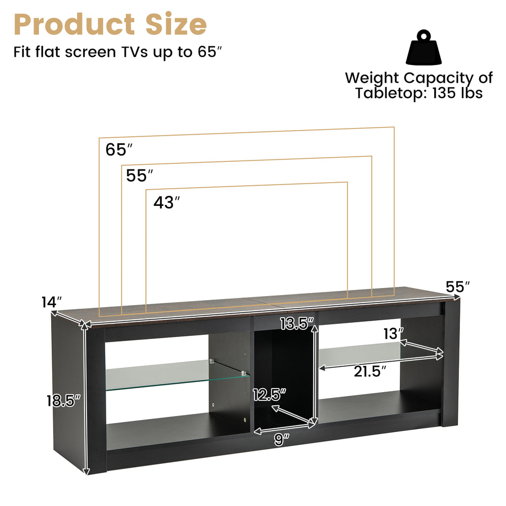 Modern TV stand dimensions with LED light, adjustable shelves, and a weight capacity of 135 lbs for TVs up to 65 inches.