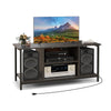 3-tier gray TV stand with adjustable shelf, built-in power outlet, and spacious side compartments for audio speakers.