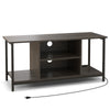3-tier gray TV stand with adjustable shelf, built-in power outlet, and open storage for media supplies and speakers.