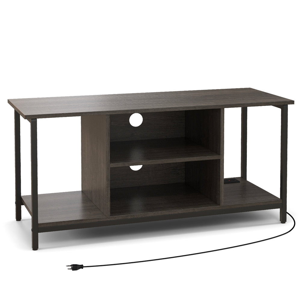 3-tier gray TV stand with adjustable shelf, built-in power outlet, and open storage for media supplies and speakers.