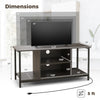 3-Tier TV stand in gray with dimensions, featuring adjustable shelf, power outlet, and open storage for media supplies.