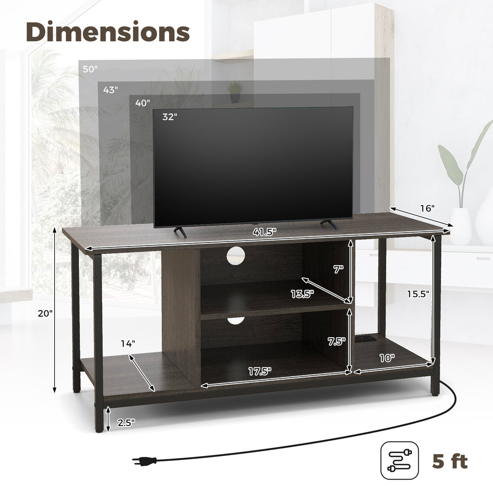 3-Tier TV stand in gray with dimensions, featuring adjustable shelf, power outlet, and open storage for media supplies.