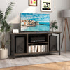 3-tier gray TV stand showcasing a spacious tabletop, adjustable shelf, and cable holes for organized media storage.