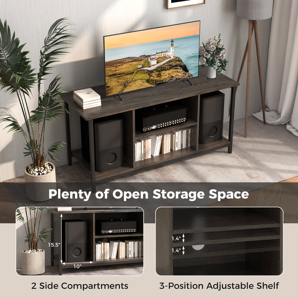 3-tier gray TV stand with adjustable shelf, power outlet, and spacious side compartments for audio speakers.