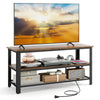 Industrial TV stand in rustic brown with power outlets, suitable for TVs up to 50 inches, featuring two storage shelves.