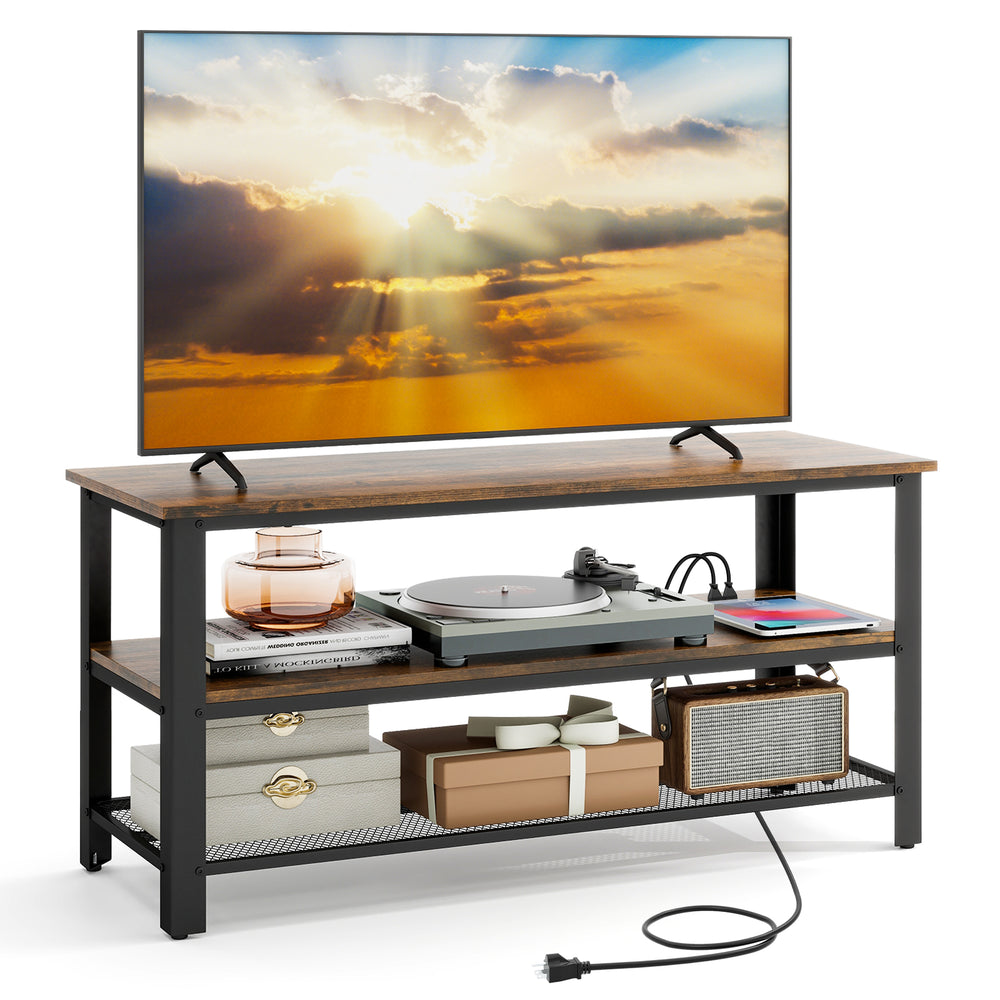 Industrial TV stand in rustic brown with power outlets, suitable for TVs up to 50 inches, featuring two storage shelves.