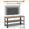 Industrial TV stand in rustic brown, suitable for TVs up to 50 inches, with power outlets and two storage shelves.
