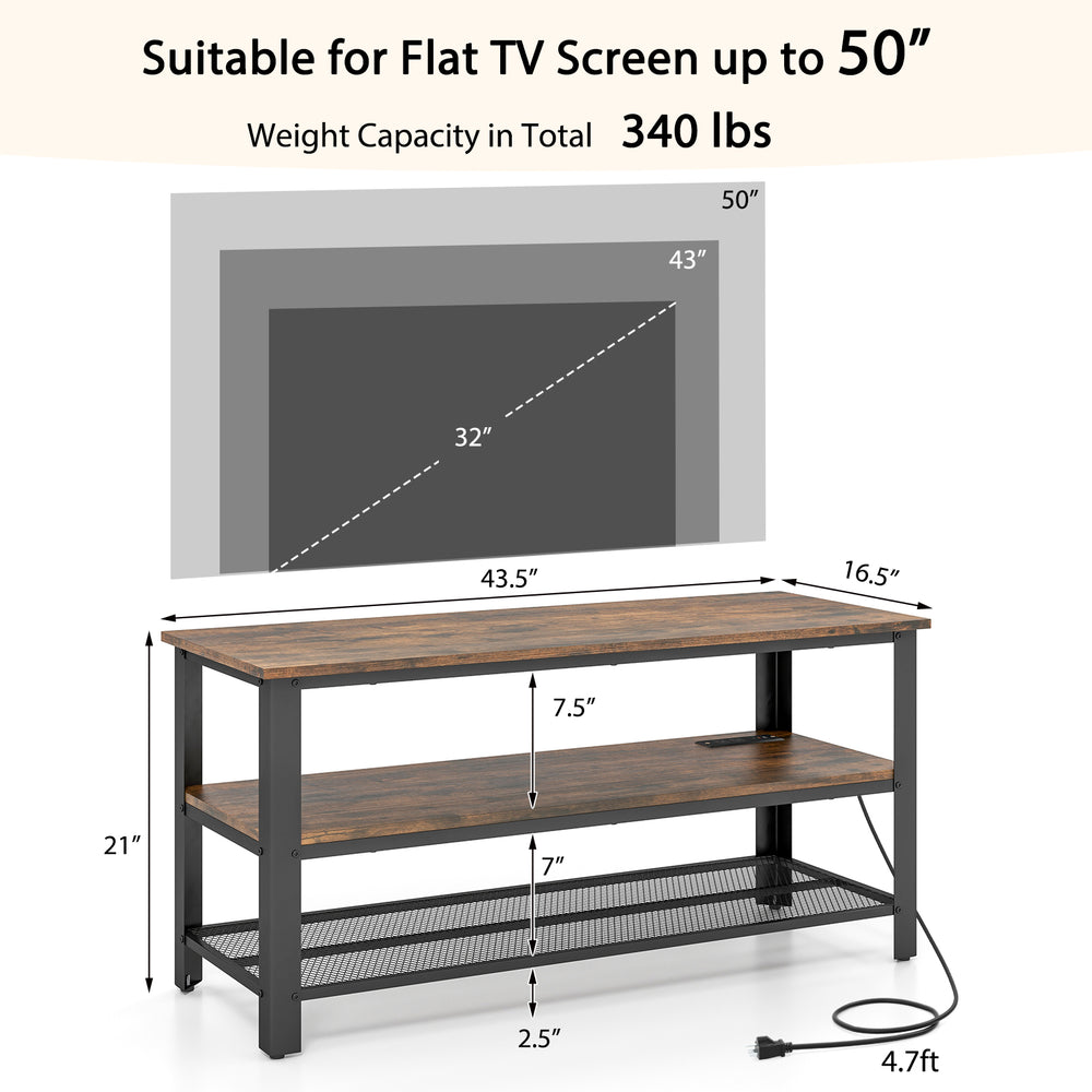Industrial TV stand in rustic brown, suitable for TVs up to 50 inches, with power outlets and two storage shelves.
