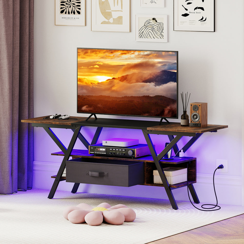 Rustic brown TV stand for 65-inch TVs featuring adjustable LED lights, built-in power outlets, and ample storage space.