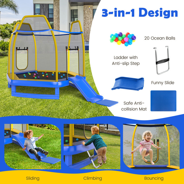 Costway Trampoline 7' Kids with Ladder Slide and Enclosure for Indoor and Outdoor New