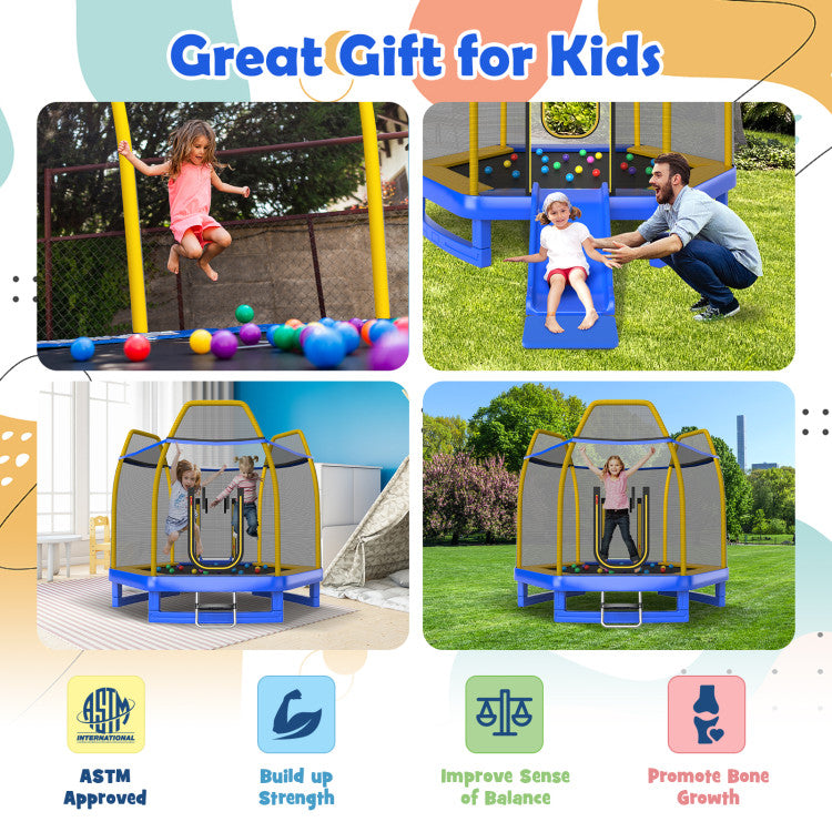 Costway Trampoline 7' Kids with Ladder Slide and Enclosure for Indoor and Outdoor New