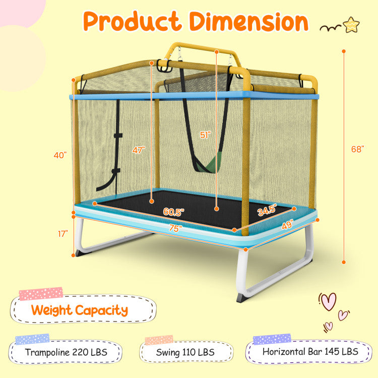Costway Trampoline 6' Rectangle with Swing Horizontal Bar and Safety Net for Kids New