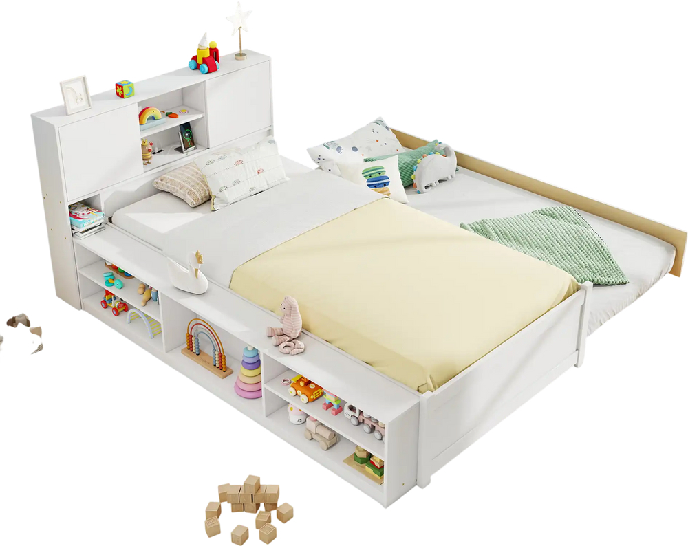 Twin size bed frame with trundle in white, featuring a storage headboard and power outlets for convenient charging.