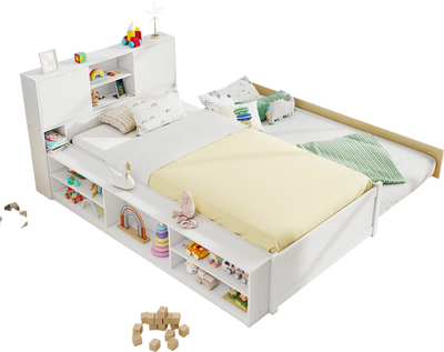 Costway Twin Bed Frame with Trundle Power Outlets White 863754192 New