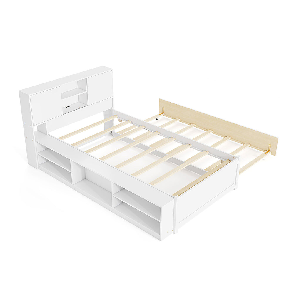 Twin size bed frame in white with trundle, storage headboard, and power outlets for convenient charging.