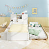 Twin size bed frame with trundle in white, featuring a storage headboard and power outlets, ideal for sleepovers.