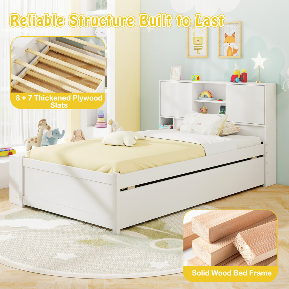 Twin size bed frame with trundle in white, featuring solid wood construction and storage headboard for easy access.