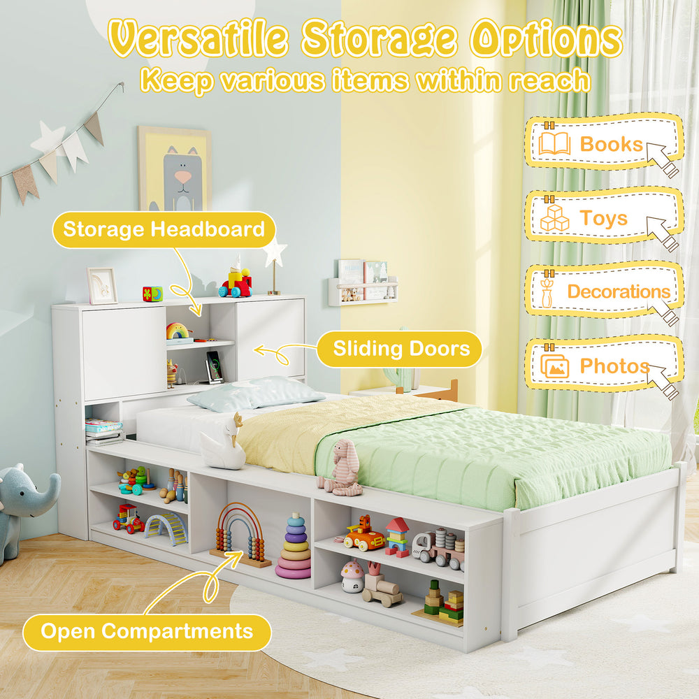 Twin size bed frame with trundle and storage headboard, featuring power outlets and open compartments for easy access.