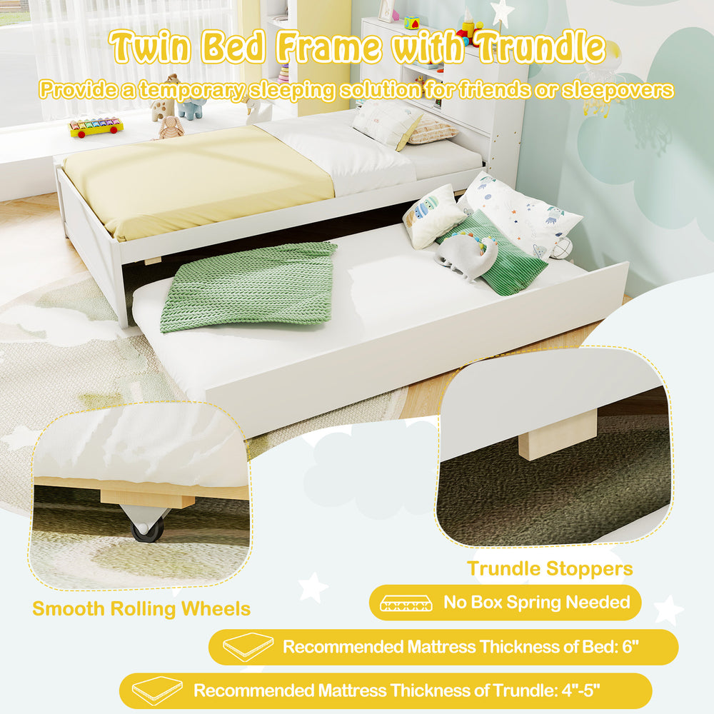 Twin bed frame with trundle in white, featuring smooth rolling wheels and storage headboard for sleepovers.