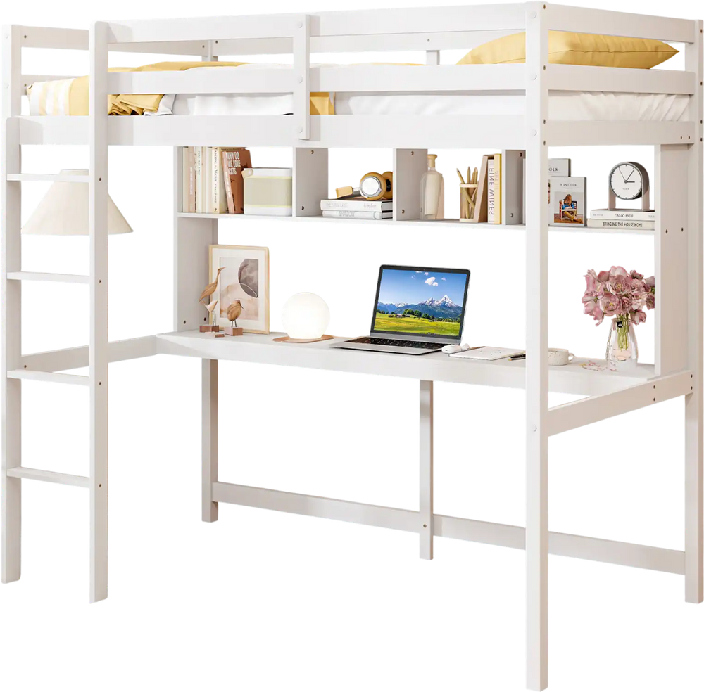 Twin size loft bed with integrated desk and ladder, designed for space-saving in apartments, perfect for studying or.