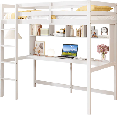Costway Twin Loft Bed Desk Shelves White 985347621 New