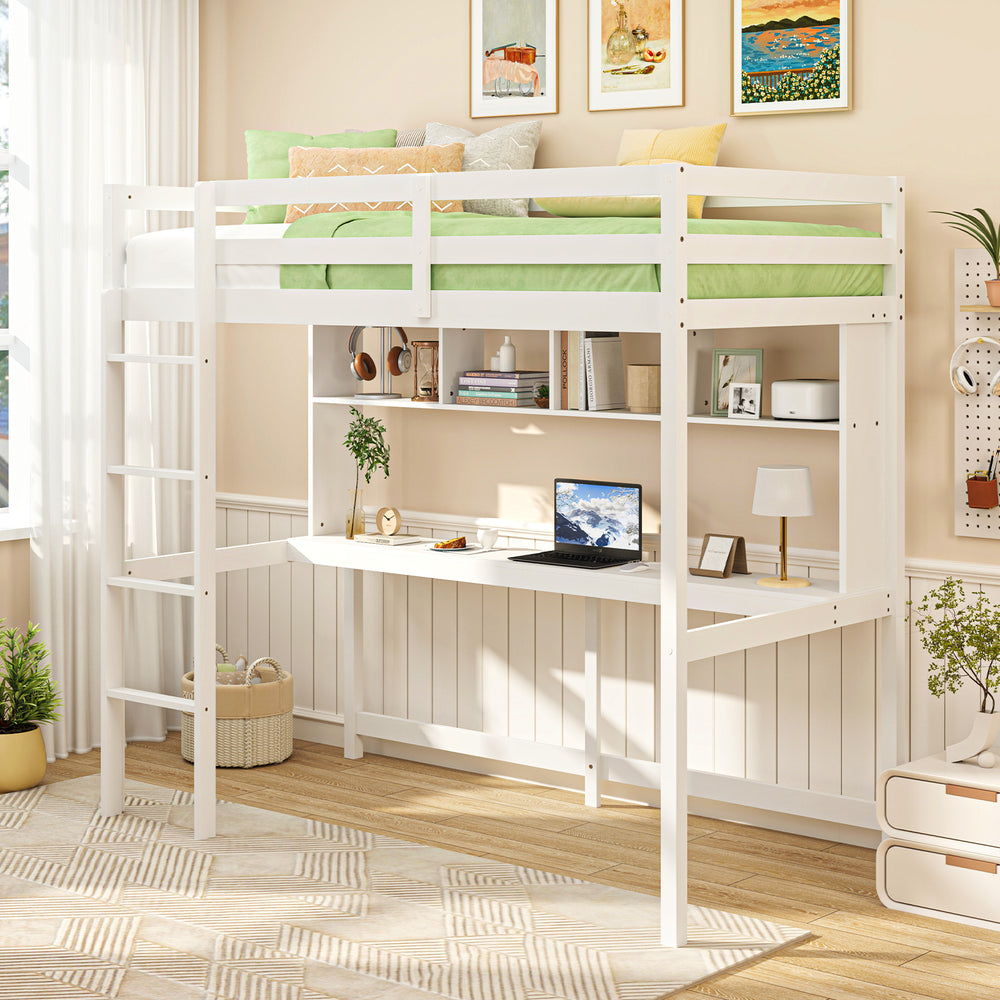 Twin size loft bed with sturdy solid pine wood frame, featuring a secure ladder and ample shelf space for storage and.